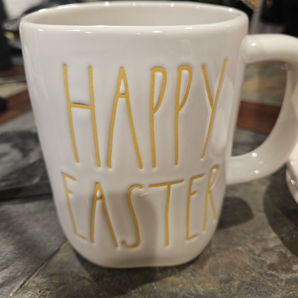 White Rae Dunn Mug with Gold 'Happy Easter' Design